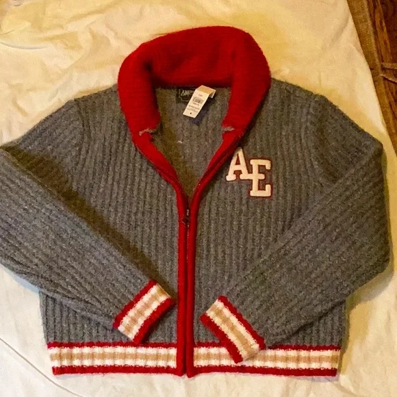 NWT AMERICAN EAGLE GRAY RED TAN WHITE COZY CROPPED ZIP LETTERMAN SWEATER SZ.S - Picture 1 of 4